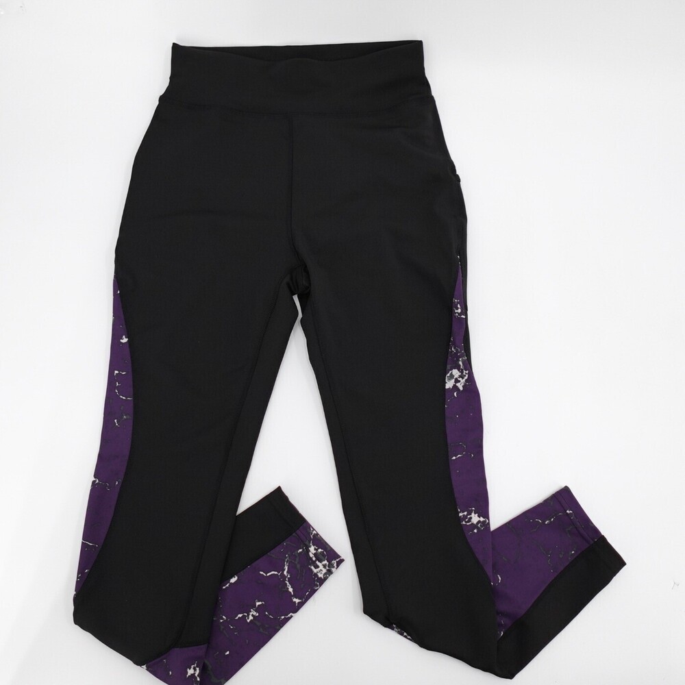 POP Fit Leggings Womens Small Black Purple Marble Pockets High Rise Athletic